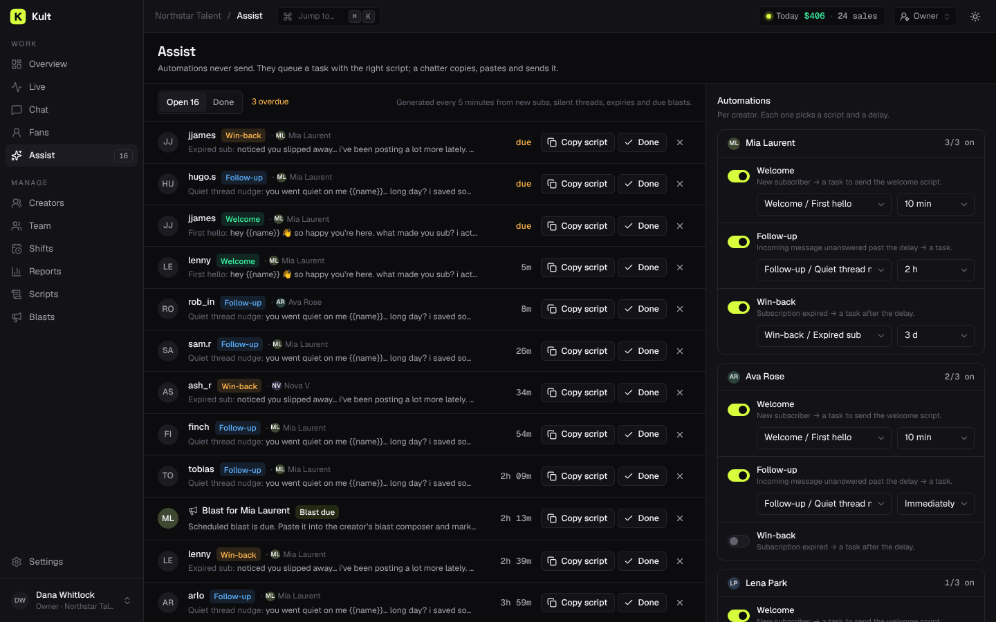 Kult Automations page, demo data